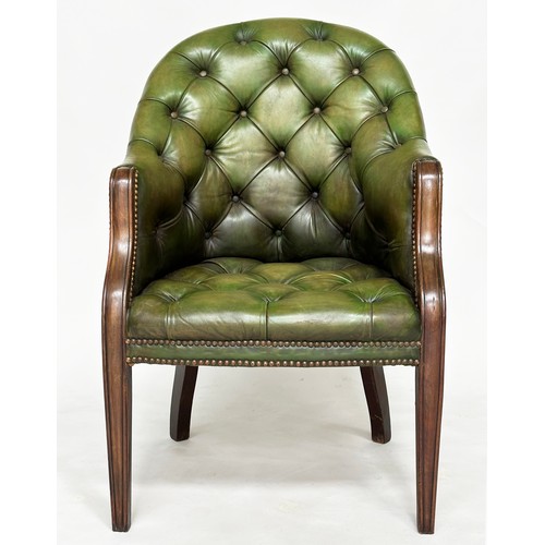 140 - ARMCHAIR, George III design mahogany with deep buttoned and studded green hide leather.