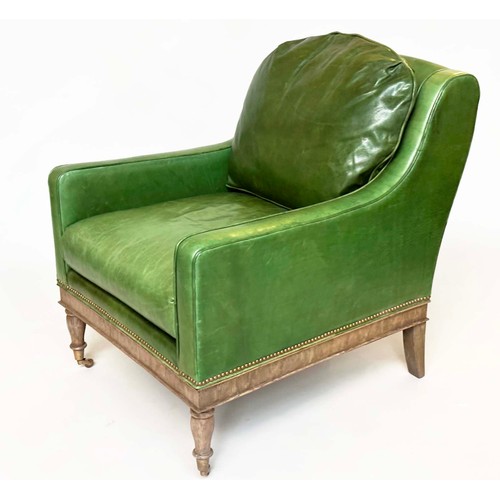 116 - THEODORE ALEXANDER ARMCHAIR, fine green studded hide leather upholstered with turned front supports,... 