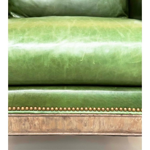 116 - THEODORE ALEXANDER ARMCHAIR, fine green studded hide leather upholstered with turned front supports,... 