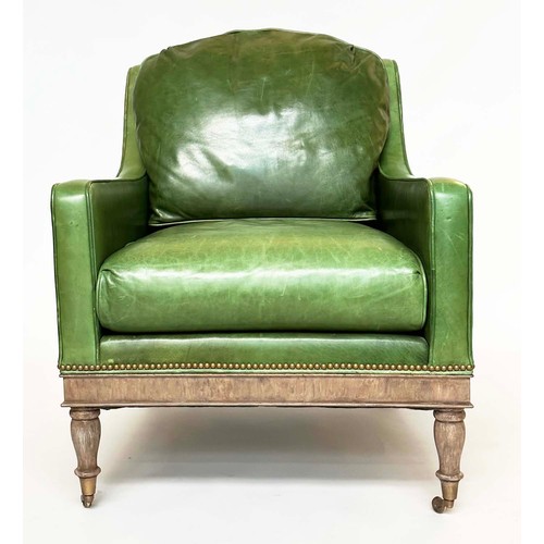 116 - THEODORE ALEXANDER ARMCHAIR, fine green studded hide leather upholstered with turned front supports,... 