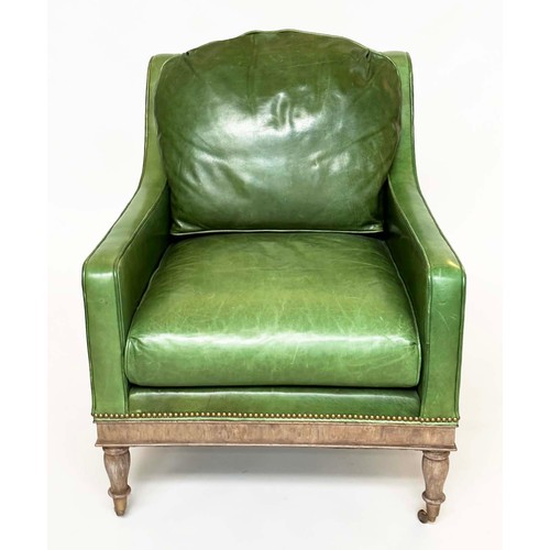 116 - THEODORE ALEXANDER ARMCHAIR, fine green studded hide leather upholstered with turned front supports,... 