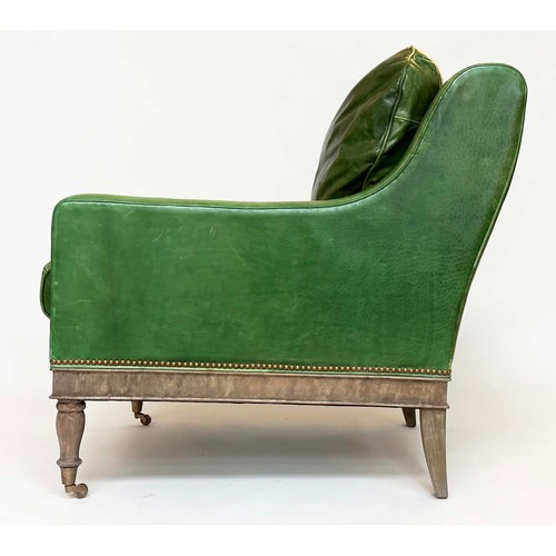 116 - THEODORE ALEXANDER ARMCHAIR, fine green studded hide leather upholstered with turned front supports,... 