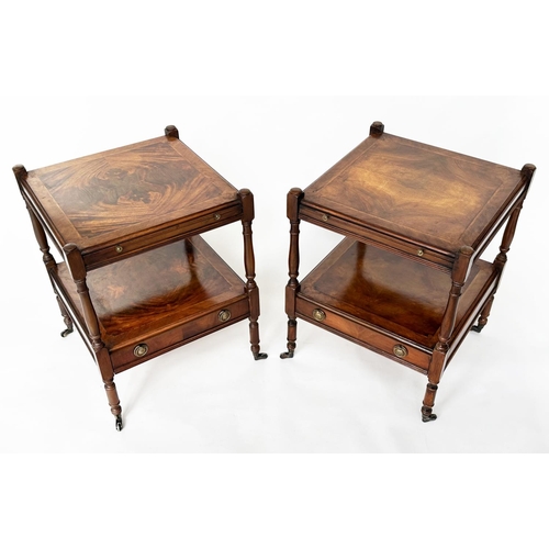 118 - LAMP TABLES, a pair, George III style flame mahogany, each with brushing slide, undertier and drawer... 