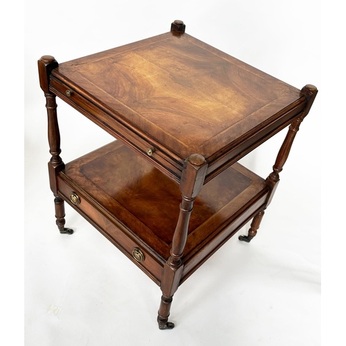 118 - LAMP TABLES, a pair, George III style flame mahogany, each with brushing slide, undertier and drawer... 