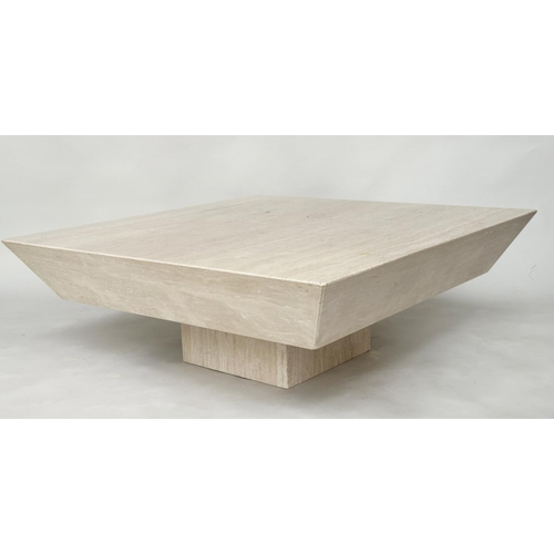 138 - TRAVERTINE LOW TABLE, Italian marble, square with plinth support Sloane International Florence, 110c... 