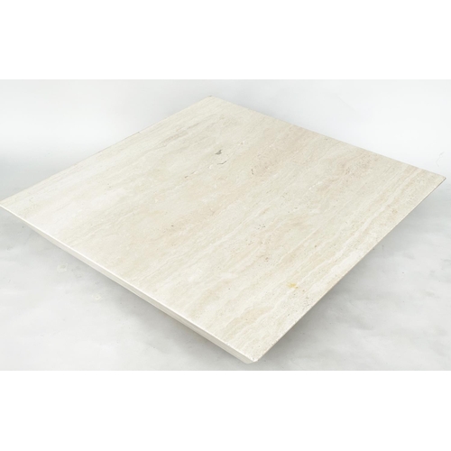 138 - TRAVERTINE LOW TABLE, Italian marble, square with plinth support Sloane International Florence, 110c... 