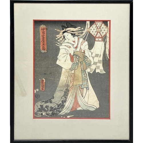 79 - UTAGAWA KUNISADA AND KITAGAWA UTAMARO, 'Kabuki figures', coloured wood blocks, 35cm x 23cm, framed. ... 