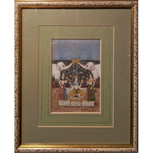 52 - MEWAR SCHOOL, 18th century 'Laxmi flanked by attendants and elephants', gouache, 17cm x 12cm, framed... 