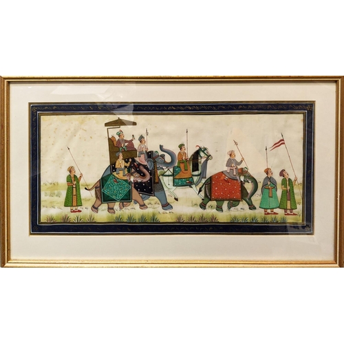 86 - MUGHAL SCHOOL, 'Procession with mounted Elephants and Figures', watercolour, 51cm x 24cm, framed.