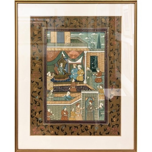 95 - MUGHAL SCHOOL, 'Durbar Scenes with Figures Paying Homage to Raja', watercolour, 47cm x 37cm, framed,... 