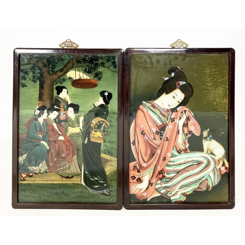 76 - JAPANESE SCHOOL, 20th century, 'Female Figure and Cat, Female Figures', verre eglomise, 65cm x 43cm,... 