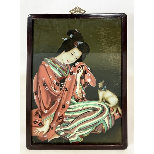 76 - JAPANESE SCHOOL, 20th century, 'Female Figure and Cat, Female Figures', verre eglomise, 65cm x 43cm,... 