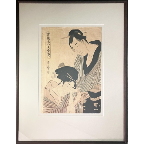 78 - UTAGAWA KUNISADA AND KITAGAWA UTAMARO, 'Kabuki figures', coloured wood blocks, 37cm x 26cm, framed. ... 