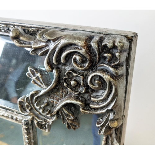 405 - WALL MIRROR, Continental style, mirrored frame with silvered detail, 114.5cm x 83cm.