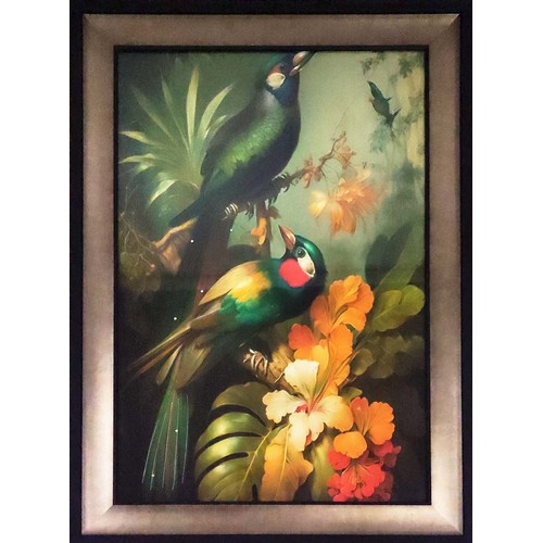 417 - CONTEMPORARY SCHOOL PRINT, birds among the foliage relief detail, framed, 105.5cm x 75.5cm.