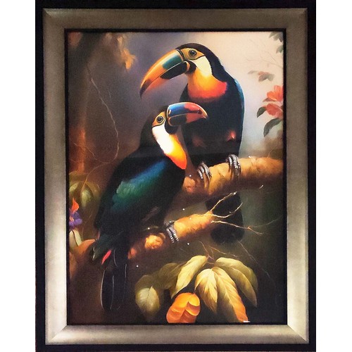 420 - CONTEMPORARY SCHOOL PRINT, Toucans, relief detail, framed, 105.5cm x 75.5cm.