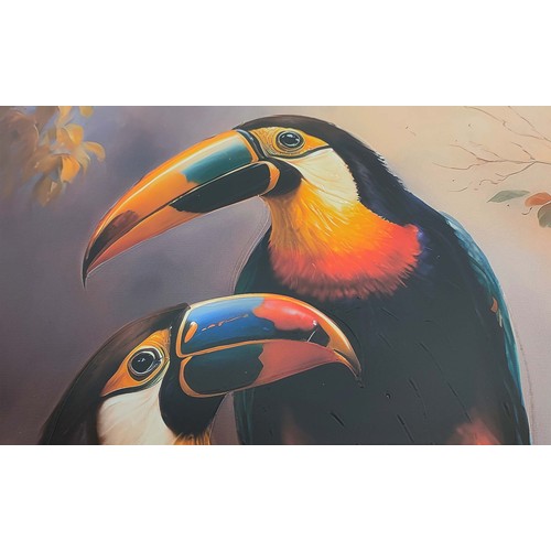 420 - CONTEMPORARY SCHOOL PRINT, Toucans, relief detail, framed, 105.5cm x 75.5cm.