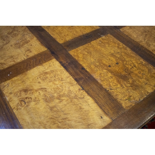 201 - DRAWLEAF TABLE, late 19th century French oak, burr ash and Karelian birch, circa 1890 with parquetry... 