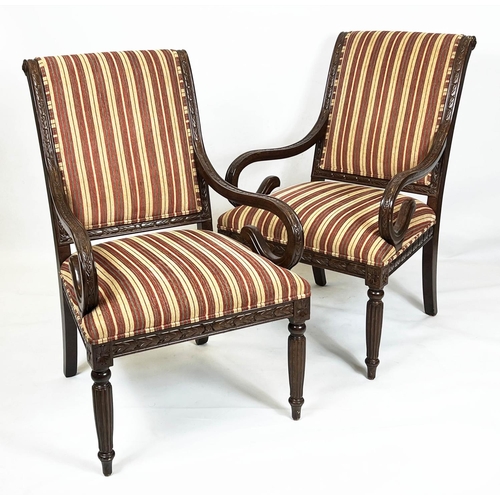 421 - ARMCHAIRS, 103cm H x 64cm, a pair, Regency style in striped chenille. (2)