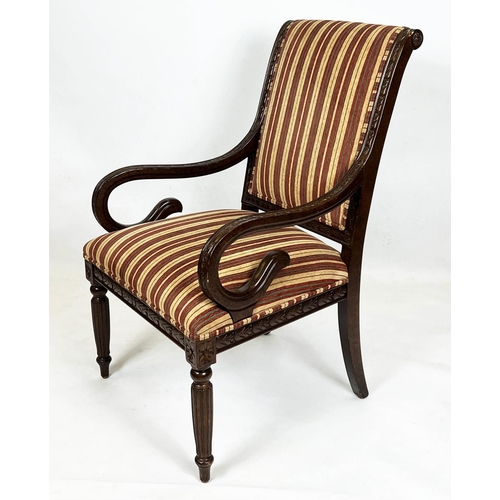 421 - ARMCHAIRS, 103cm H x 64cm, a pair, Regency style in striped chenille. (2)