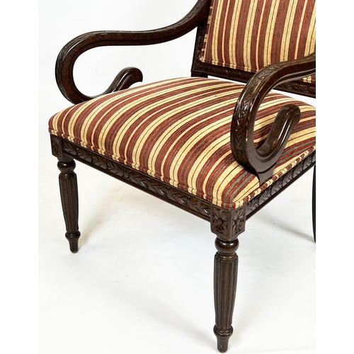 421 - ARMCHAIRS, 103cm H x 64cm, a pair, Regency style in striped chenille. (2)