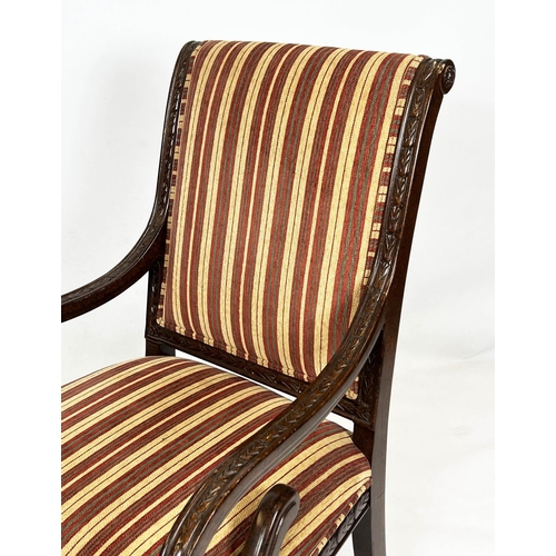 421 - ARMCHAIRS, 103cm H x 64cm, a pair, Regency style in striped chenille. (2)