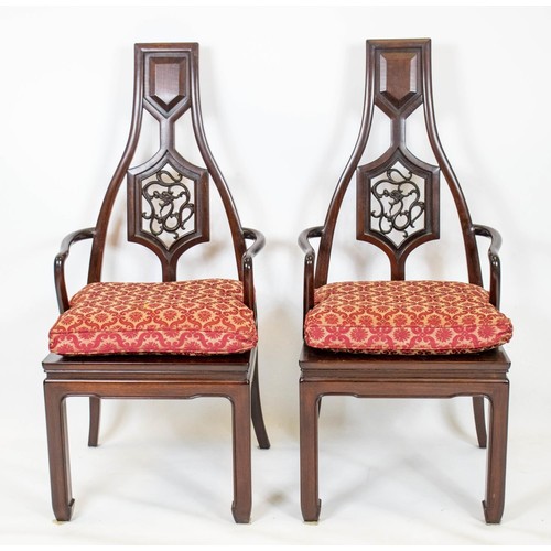 123 - ARMCHAIRS, 109cm H x 51cm, a pair, Chinese rosewood with red squab cushions. (2)