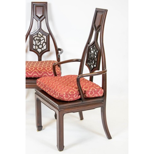 123 - ARMCHAIRS, 109cm H x 51cm, a pair, Chinese rosewood with red squab cushions. (2)