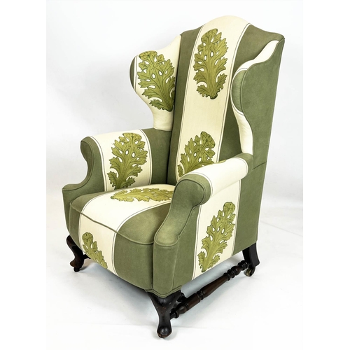 194 - WING ARMCHAIR, 118cm H x 83cm, late 19th/early 20th century, in green and cream acanthus leaf patter... 