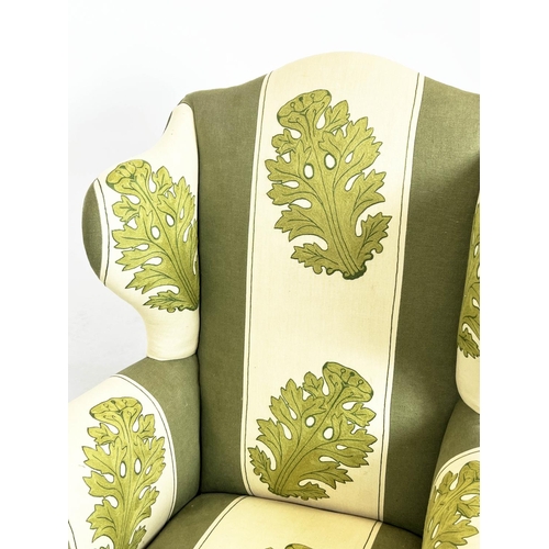 194 - WING ARMCHAIR, 118cm H x 83cm, late 19th/early 20th century, in green and cream acanthus leaf patter... 