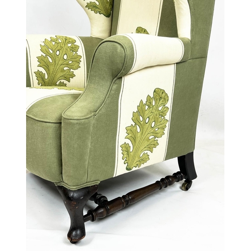 194 - WING ARMCHAIR, 118cm H x 83cm, late 19th/early 20th century, in green and cream acanthus leaf patter... 