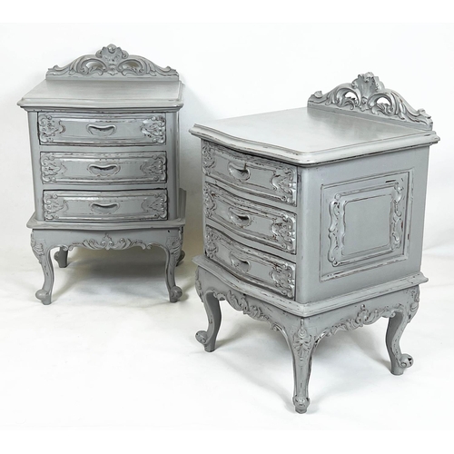 103 - BEDSIDE CHESTS, 80cm H x 50cm x 45cm, a pair, Louis XV style grey painted, each with three drawers. ... 