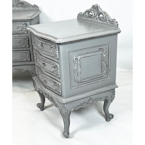 103 - BEDSIDE CHESTS, 80cm H x 50cm x 45cm, a pair, Louis XV style grey painted, each with three drawers. ... 