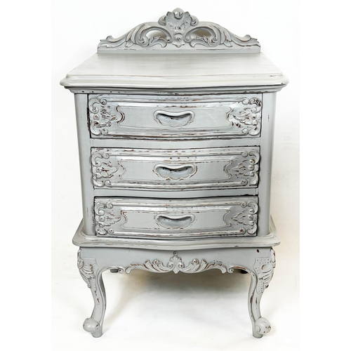 103 - BEDSIDE CHESTS, 80cm H x 50cm x 45cm, a pair, Louis XV style grey painted, each with three drawers. ... 