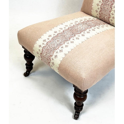 116 - SLIPPER CHAIR, 86cm H x 54cm, Victorian in pink patterned upholstery on castors.