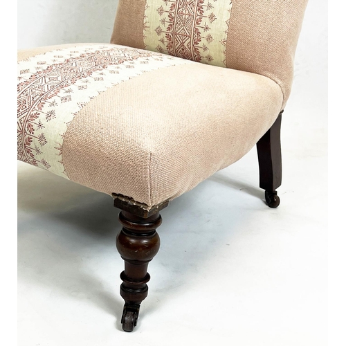 116 - SLIPPER CHAIR, 86cm H x 54cm, Victorian in pink patterned upholstery on castors.