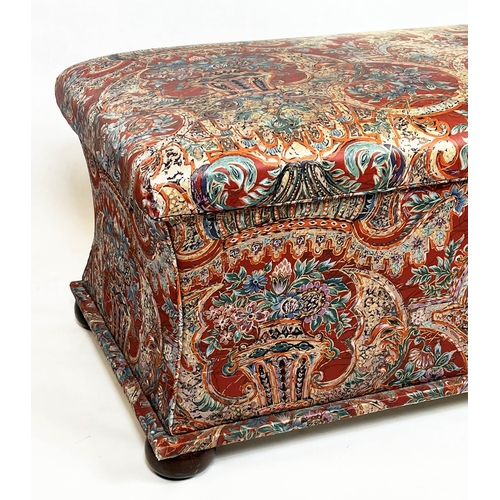 192 - OTTOMAN, 53cm H x 112cm x 61cm, Victorian style in floral basket patterned fabric on castors.