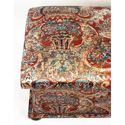 192 - OTTOMAN, 53cm H x 112cm x 61cm, Victorian style in floral basket patterned fabric on castors.