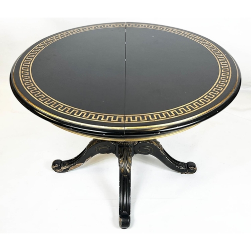 191 - DINING TABLE, 74cm H x 110cm D, Georgian style ebonised and gilt heightened with Greek key bordered ... 