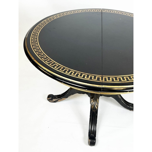 191 - DINING TABLE, 74cm H x 110cm D, Georgian style ebonised and gilt heightened with Greek key bordered ... 