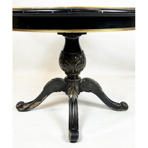 191 - DINING TABLE, 74cm H x 110cm D, Georgian style ebonised and gilt heightened with Greek key bordered ... 