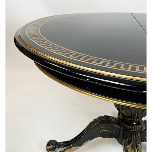 191 - DINING TABLE, 74cm H x 110cm D, Georgian style ebonised and gilt heightened with Greek key bordered ... 