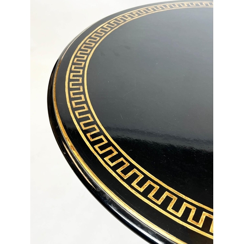 191 - DINING TABLE, 74cm H x 110cm D, Georgian style ebonised and gilt heightened with Greek key bordered ... 