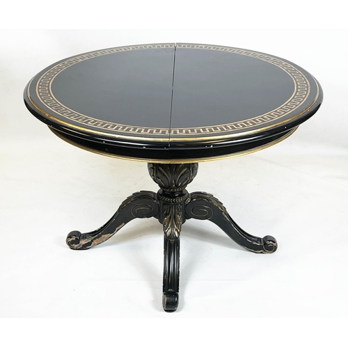 191 - DINING TABLE, 74cm H x 110cm D, Georgian style ebonised and gilt heightened with Greek key bordered ... 