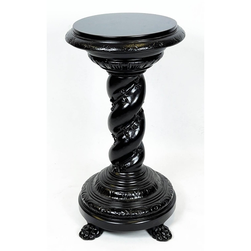 186 - JARDINIERE STAND, 91cm H x 55cm, Solomonic design and ebonised finish.