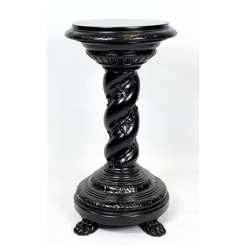 186 - JARDINIERE STAND, 91cm H x 55cm, Solomonic design and ebonised finish.