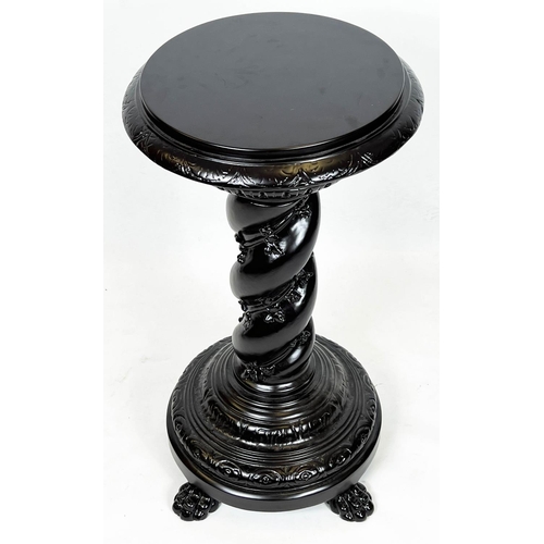 186 - JARDINIERE STAND, 91cm H x 55cm, Solomonic design and ebonised finish.