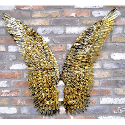 429 - ANGEL WINGS, a pair, wall relief plaques, feathered textured gilt metal, 91cm x 100cm. (2)