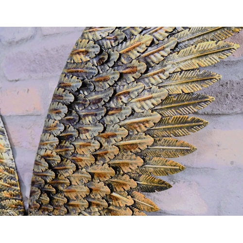 429 - ANGEL WINGS, a pair, wall relief plaques, feathered textured gilt metal, 91cm x 100cm. (2)