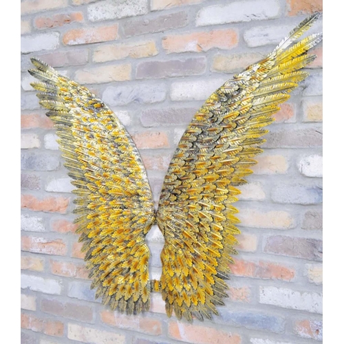 429 - ANGEL WINGS, a pair, wall relief plaques, feathered textured gilt metal, 91cm x 100cm. (2)